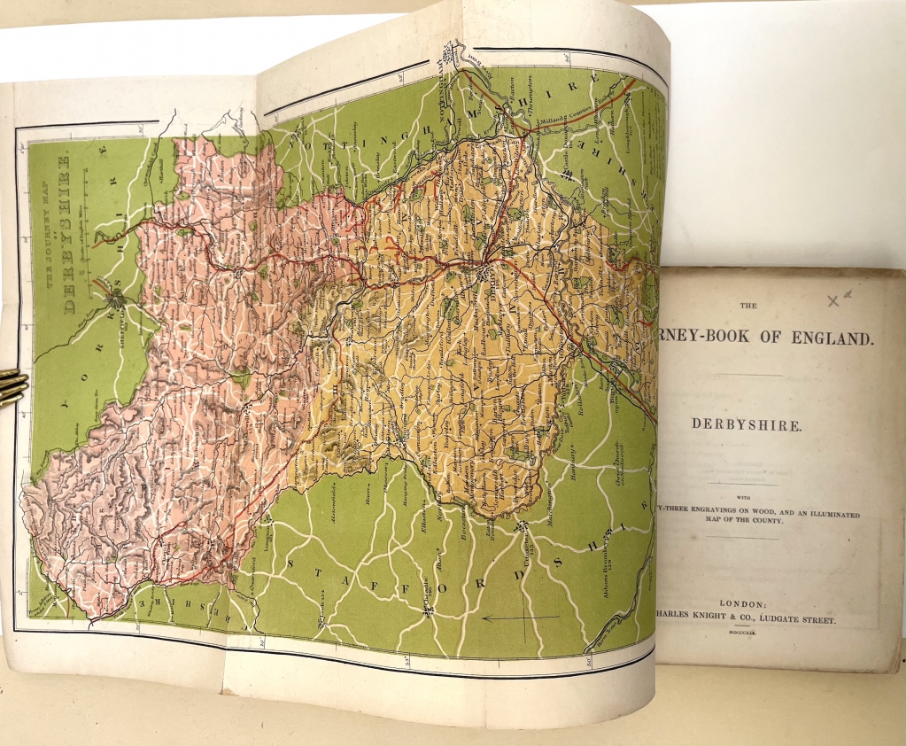 Title page and color-printed "illuminated map" from The Journey-Book of England. Derbyshire (1841).