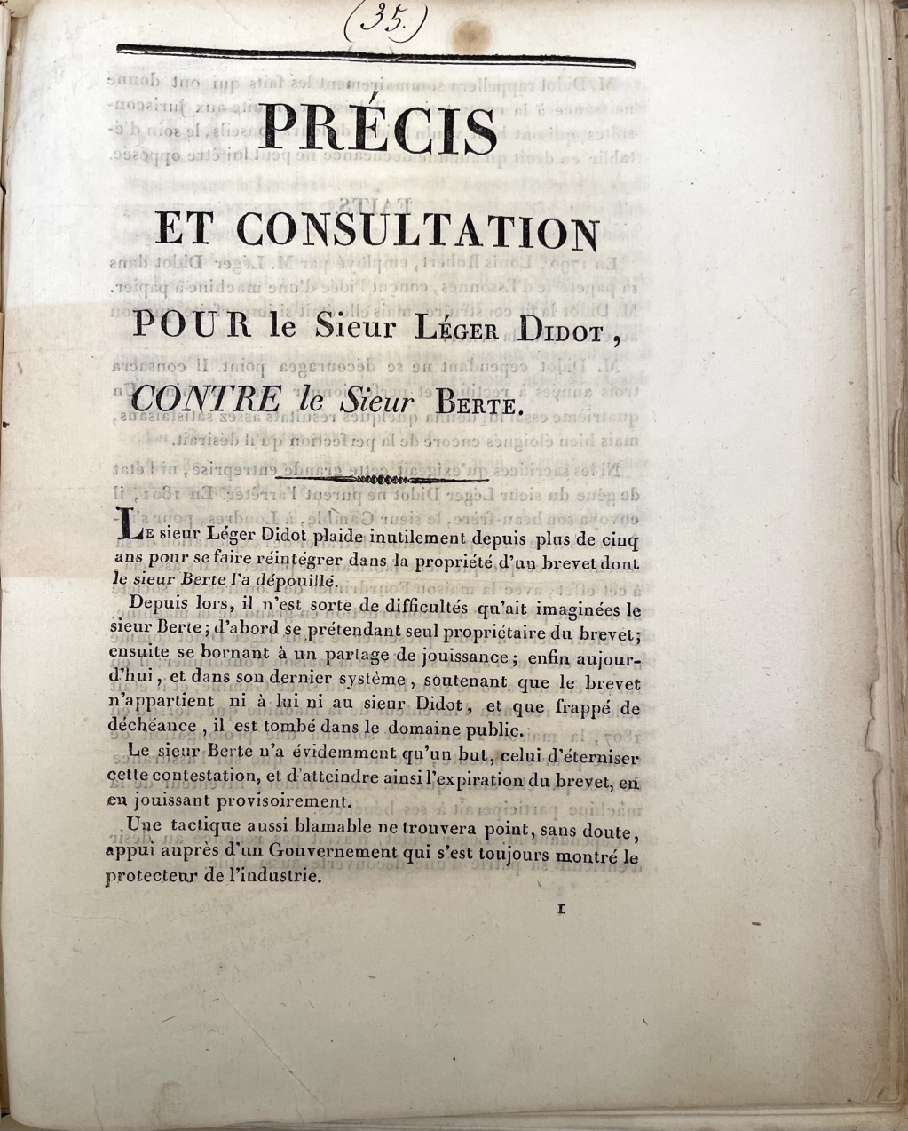 Privately printed summary of Léger Didot's patent dispute with Berte from Didot's point of view.