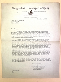 This letter dated November 1938 from the Vice-President of Mergenthaler Lintotype to a Professor in Riga, Latvia indicated that Lintotype made types available in more than 70 languages, and w