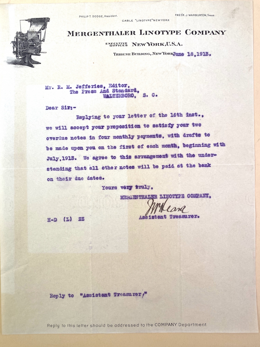 By 1913 when this letter was written the company had abandoned the Linotype Junior, By 1913 when this letter was written the company had abandoned the Linotype Junior,