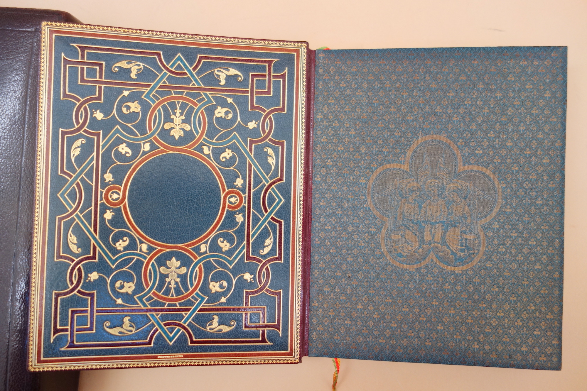 Elaborately inlaid leather pastedown endpapers in this copy of the Livre de Prieres