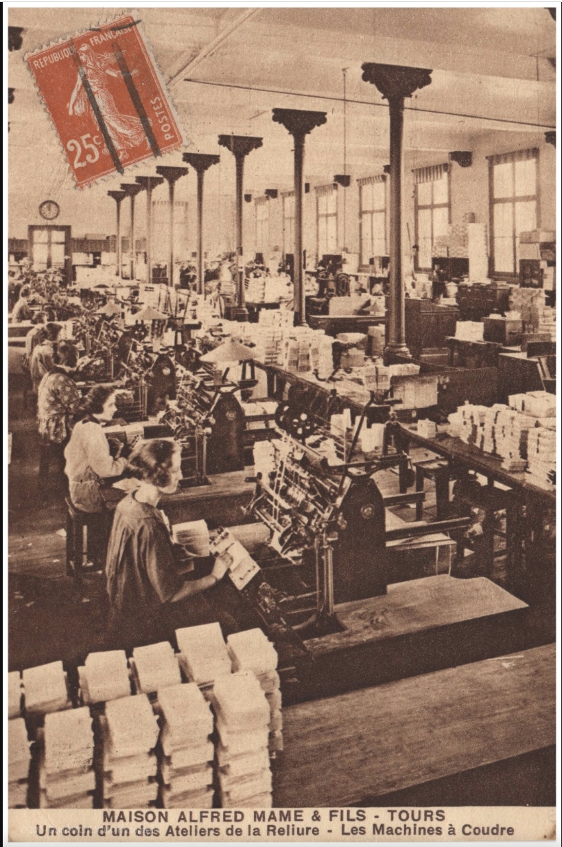 A postcard, circa 1920, showing a section of the Mame bindery where women operated book sewing machines.