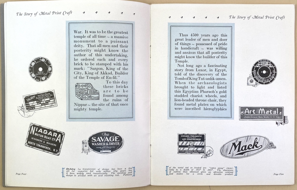 Reference to the earliest printing in Mesopotamia by stamping into clay bricks before they were fired appears on the left page of this spread.