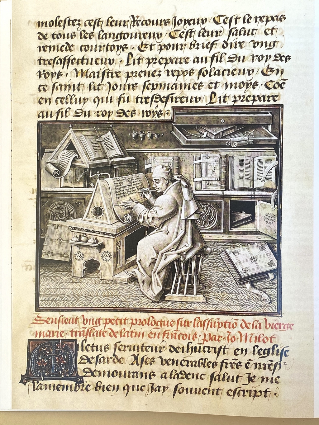Detail of grisaille style painting by Jean Le Tavernier of Jean Miélot writing in his scriptorium, probably in the ducal library, from Miracles de Notre Dame, Bibliothèque nationale de France