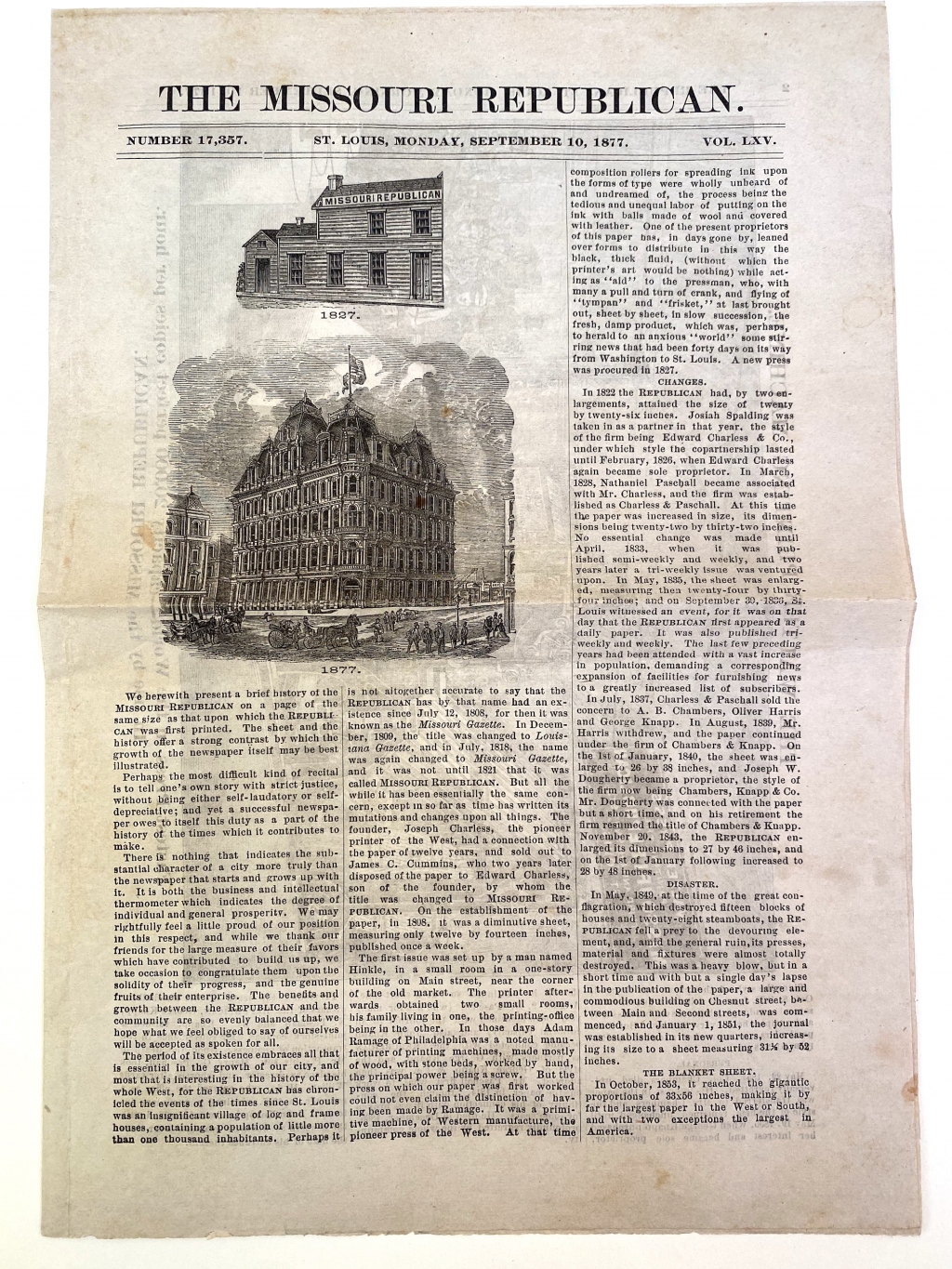 On this commemorative issue the newspaper illustrated a view of its basic small offices in 1827 as compared to its tower offices in 1877.