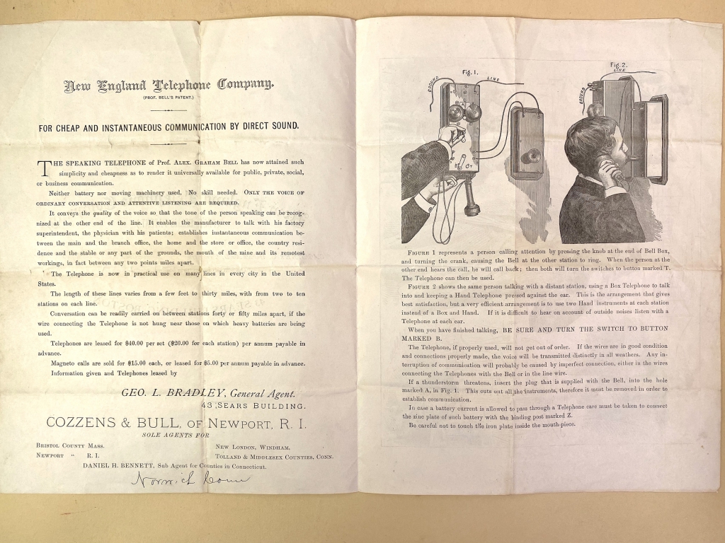 This very early Bell telephone sales brochure not only described the leasing terms for the equipment, but also had to explain to customers how to use the system and how to trouble-shoot the i