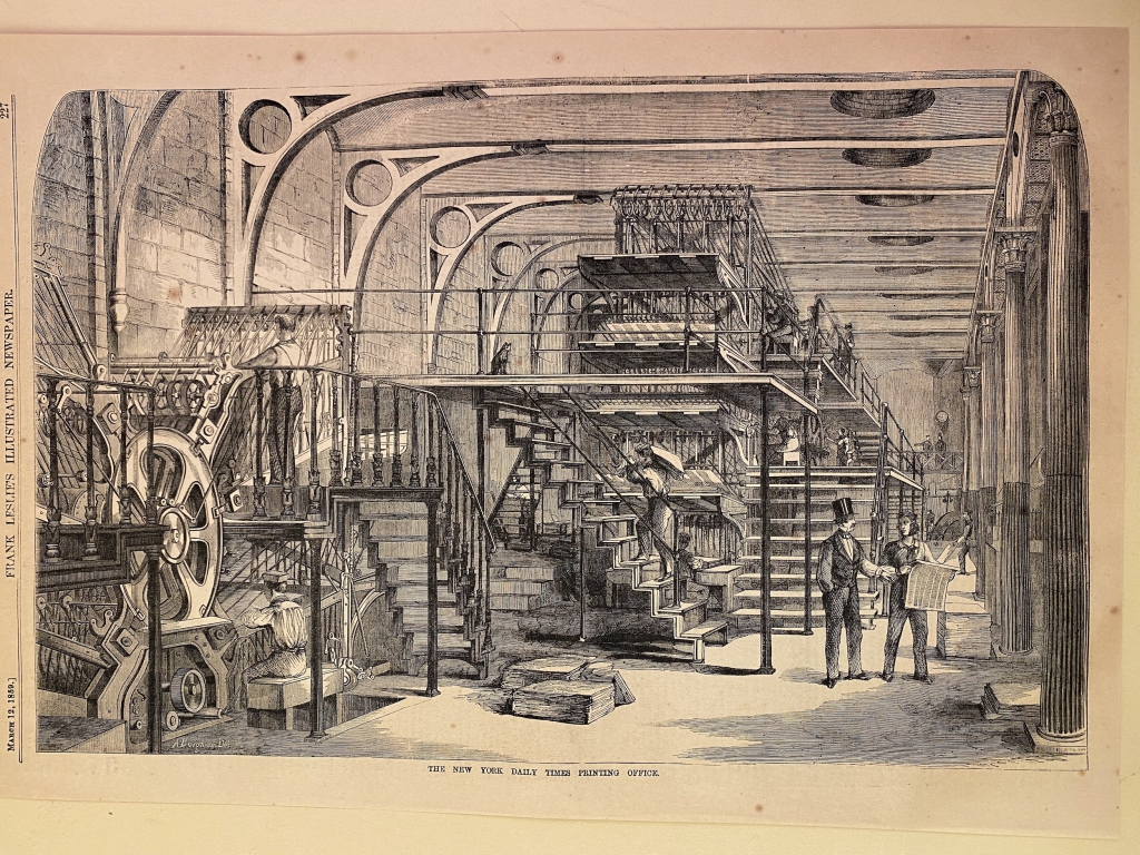 he New York Daily Times printing office published as a full-page woodcut in Frank Leslie's Illustrated Newspaper on March 12, 1859 