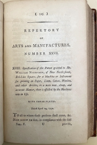 Nicholson's patent as it first appeared in print in 1796. That it was chosen for inclusion in the rather selective Repertory of Arts and Manufactures meant that it would have been read by oth