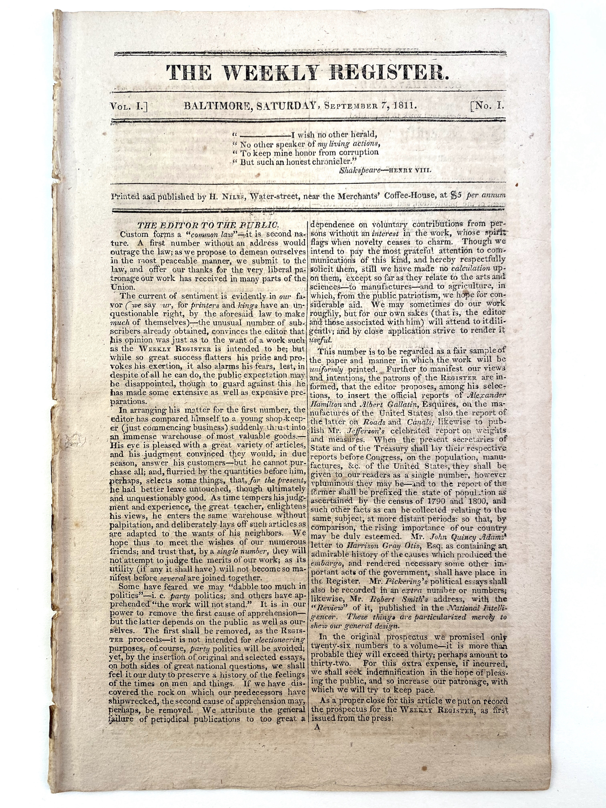 First issue of Niles' The Weekly Register.