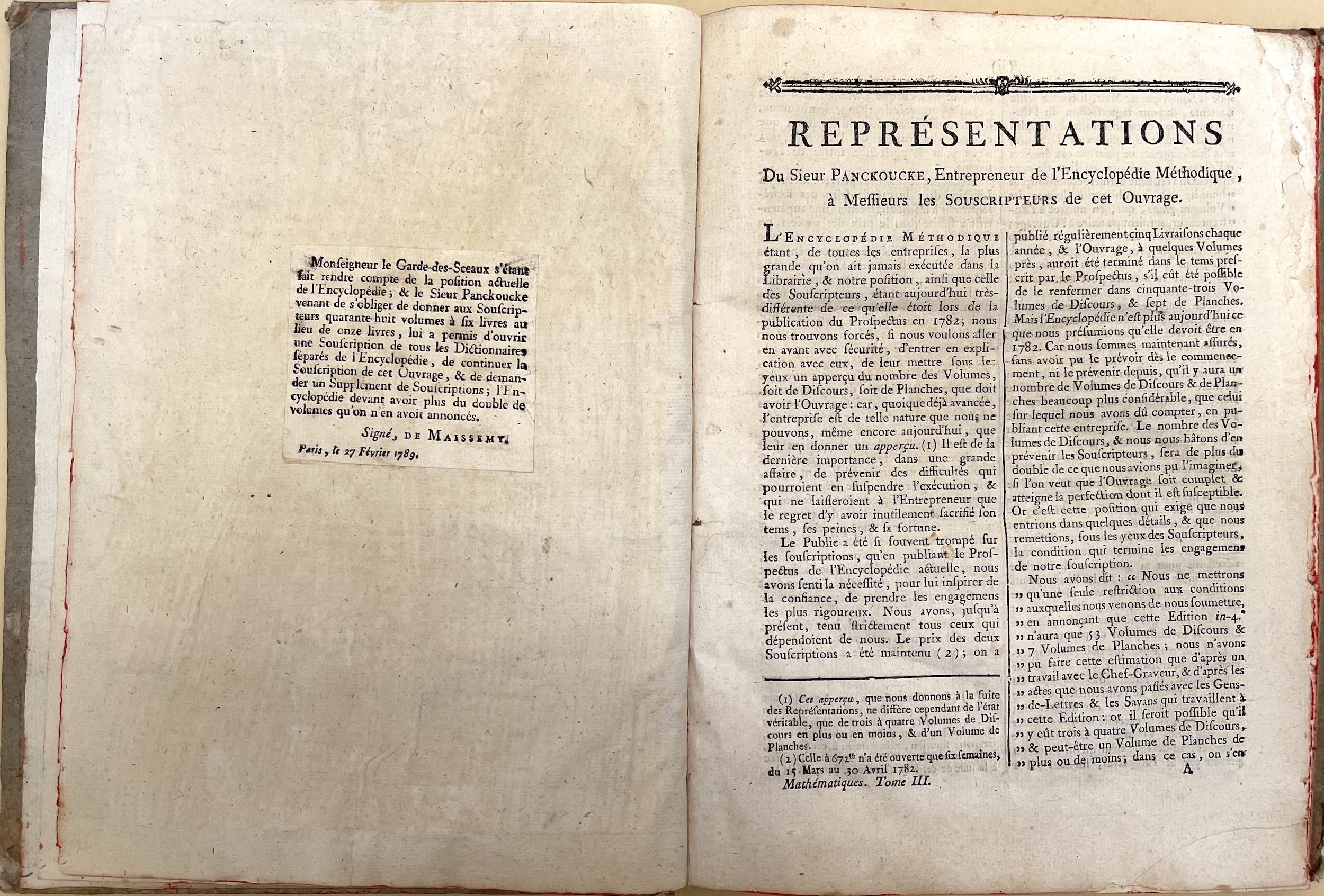 On the left side of the image (the verso of the first leaf of the prospectus) we see a pasted on slip indicating that since far more volumes have been published than were announced in the ori