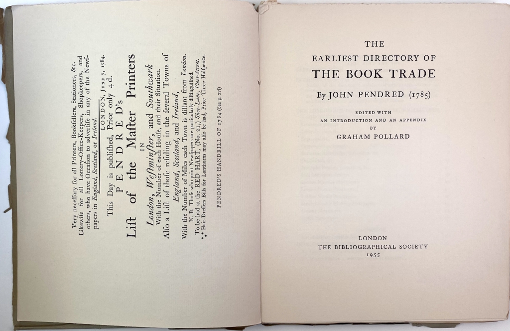Title page and frontispiece of Pollard's edition of Pendred's Directory of the Book Trade