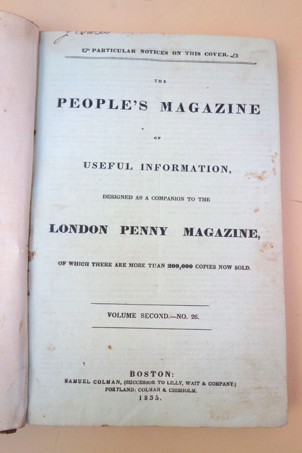 Samuel Coleman of Boston promoted a partnership with Charles Knight's The Penny Magazine. As far as I have been able to tell, this partnership never occurred.