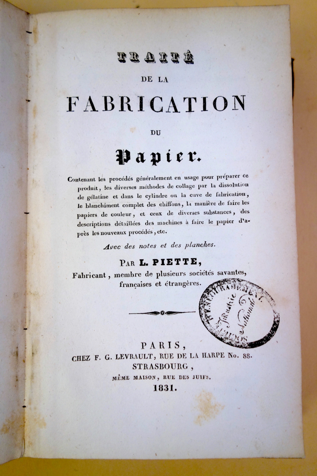 Title page of Piette's Traite de fabrication du papier (1831)