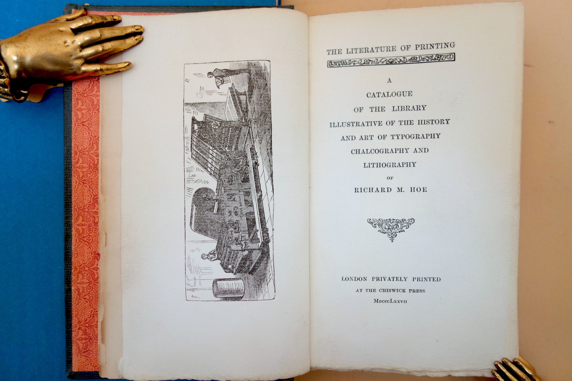 Title page and frontispiece of Richard Hoe's catalogue of his library on the history of printing