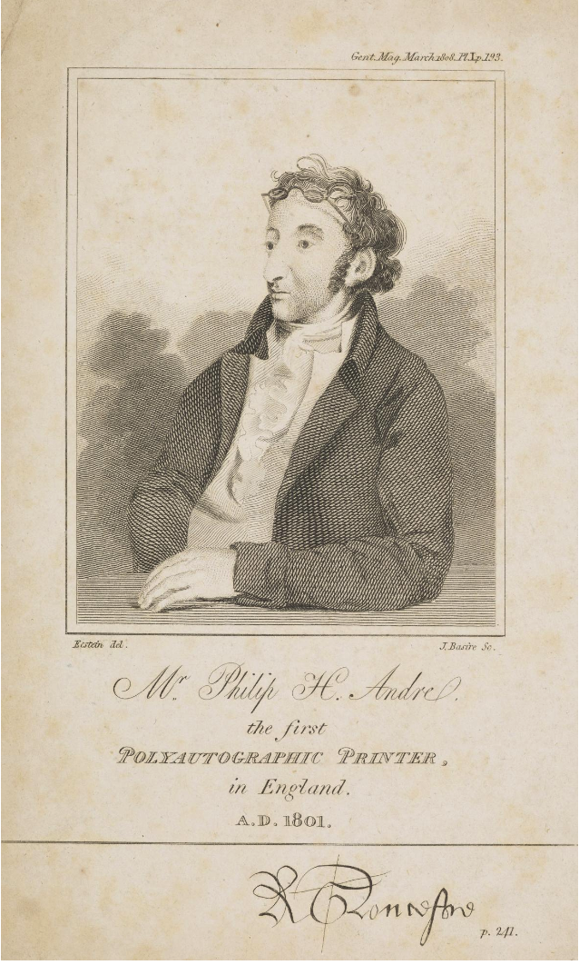 Portrait of Philip H. Andr&eacute;, who published the first lithographs in England. Engraving by James Basire after a drawing by Eckstein published in the Gentleman