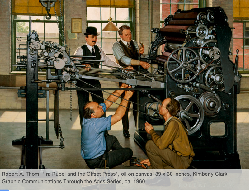 "Ira Rubel and the Offset Press." From the series of oil paintings entitled Graphic Communications Throughout the Ages preserved in the Cary Graphic Arts Collection at the Rochester Institute of Technology.