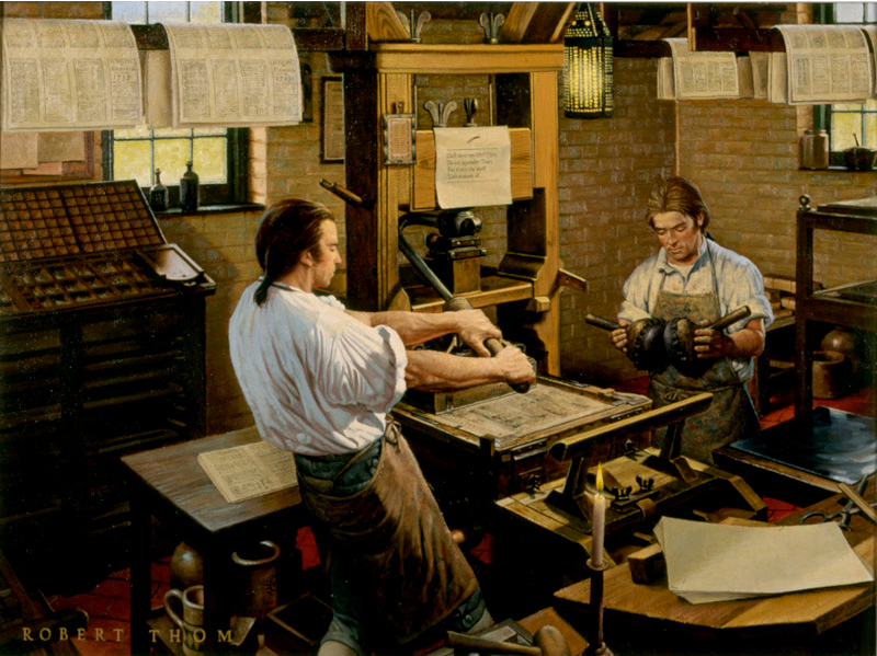 "Benjamin Franklin". Painting by Robert Thom from the series Graphic Communications Through the Ages preserved in the Cary Graphic Arts Collection, Rochester Institute of Technology.