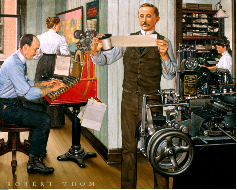 "Tolbert Lanston and the Monotype". Painting by Robert Thom in the series Graphic Communications Through the Ages preserved in the Cary Graphic Arts Collection, Rochester Institute of Technology.