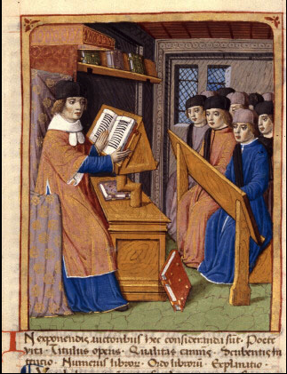 Servius commentant Virgile by Maitre de Robert Gaugin. Dijon - BM - ms. 0493, f. 056. In this mid-15th century manuscript illumination the anonymous medieval French artist known as the Master of Robert Gaguin anachronistically depicted Servius as a medieval teacher.