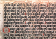 Fragment in the British Library (B.M. IB, 66) of the Mainz printing of Donatus, about 1455, in an earlier state of the 36-line Bible type. 