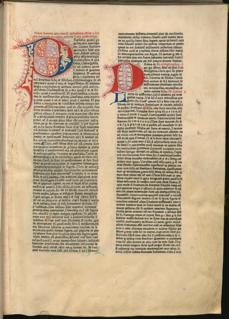 First leaf of the Mainz 1460 printing of the Catholicon on vellum from the Bayerische Staatsbibliothek.