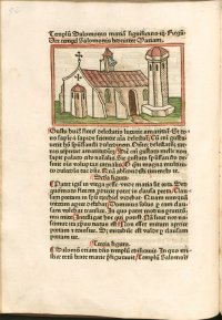 Temple of Solomon as depicted in the context of the time as a medieval church complete with cross, from the first letterpress edition of Speculum humane salvationis (Augsburg, 1473). From the Bayerische Staatsbibliothek.