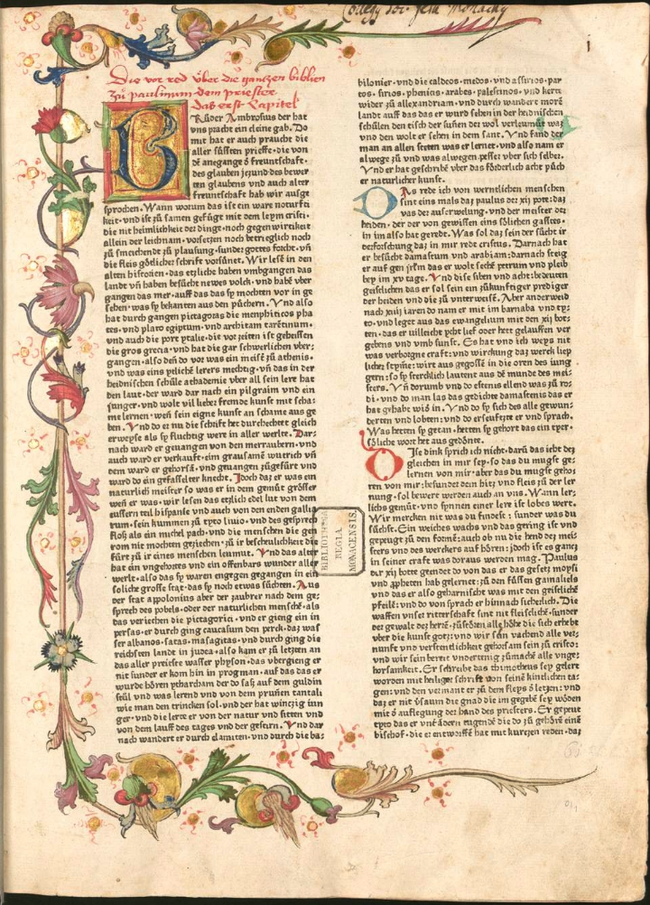 Bible, Strasbourg: Johann Mentelin, June 1466. First leaf of a nicely illuminated copy in the Bayerische Staatsbibliothek.