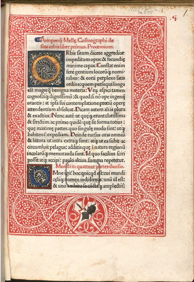 Title page of the Venice, 1478 edition of Pomponius Mela