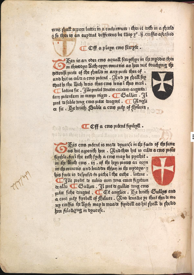 Some of the color illustrations in the section on heraldry in the Book of St. Albans. These are the first color-printed woodcut illustrations produced in England. From the Cambridge University Library Copy.
