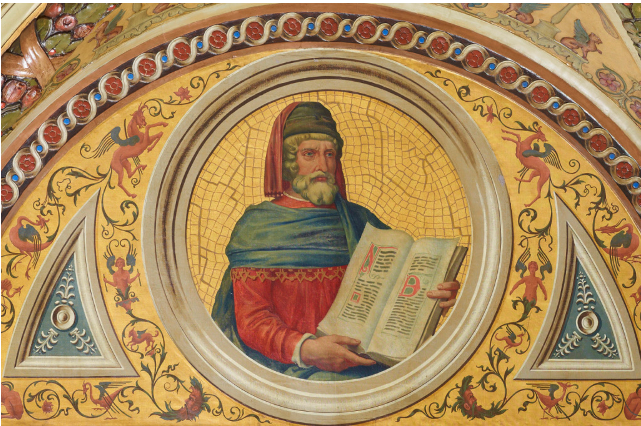 
Portrait of William Caxton painted by ￼H. Siddons Mowbray on a ceiling ￼roundel in the Morgan Library (© ￼The Morgan Library & Museum, photo by Graham S. Haber)
