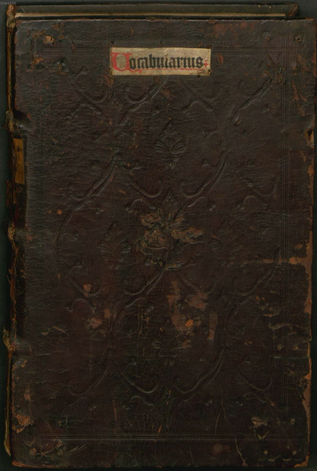 15th century German blindstamped calf binding on the Bayerische Staatsbibliothek copy of Vocabularius. Note the attractive title label pasted to the upper cover. Most of these came loose or fell off over the centuries; this one in two colors, is unusually well preserved.