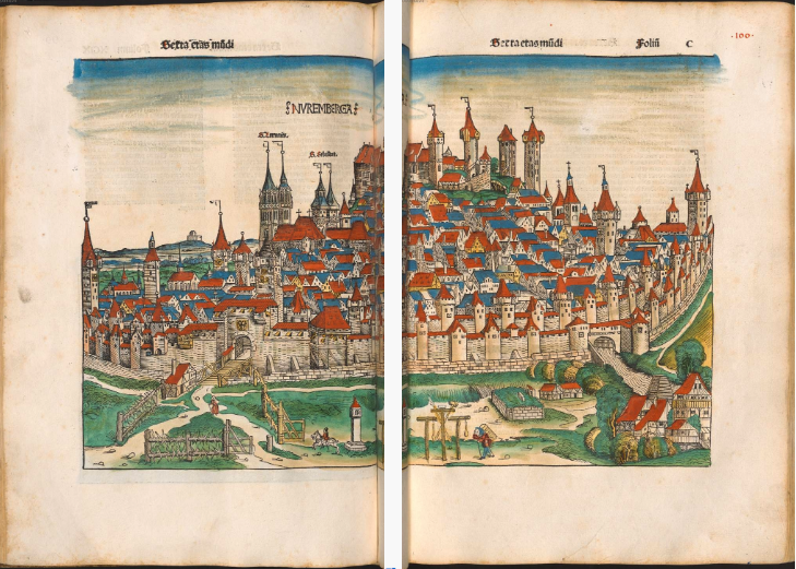 Double-page woodcut of Nuremberg in Hartmann Schedel