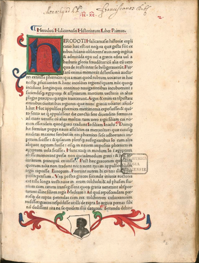 First page of the 1474 edition of Herodotus from the Bayerische Staatsbibliothek.