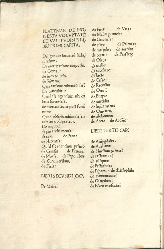Table of contents listing recipes from the copy of the Venice, 1475 edition of Platina in the Bayerische Staatsbibliothek.