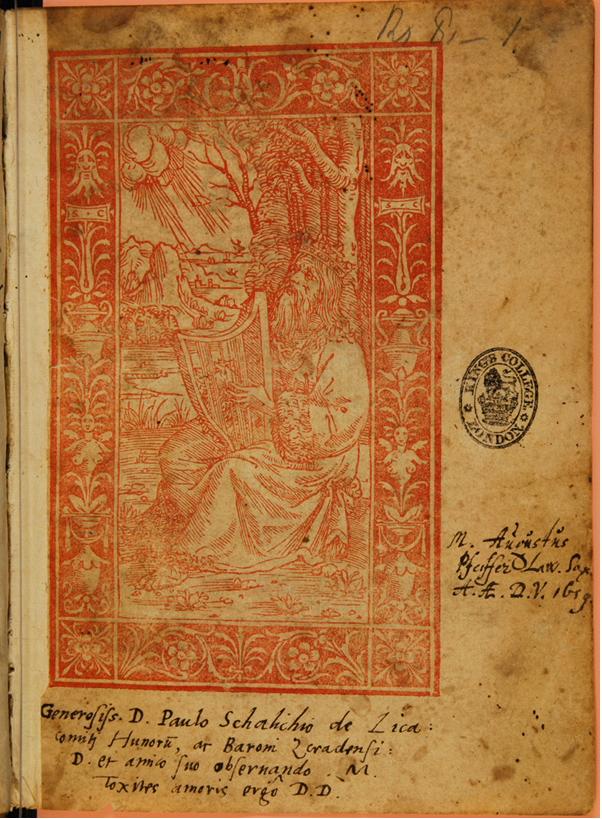 First leaf (recto) showing full page woodcut of King David playing the harp. From the copy in the library of King