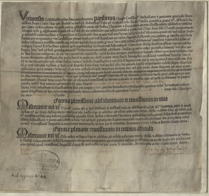 A well-preserved copy of the 4th issue of the 31-line Indulgence preserved in Kassel Universit&auml;t Library.