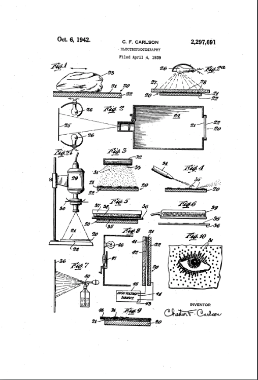 The original patent for xerography. Chester Carlson originally named the process electrophotography.