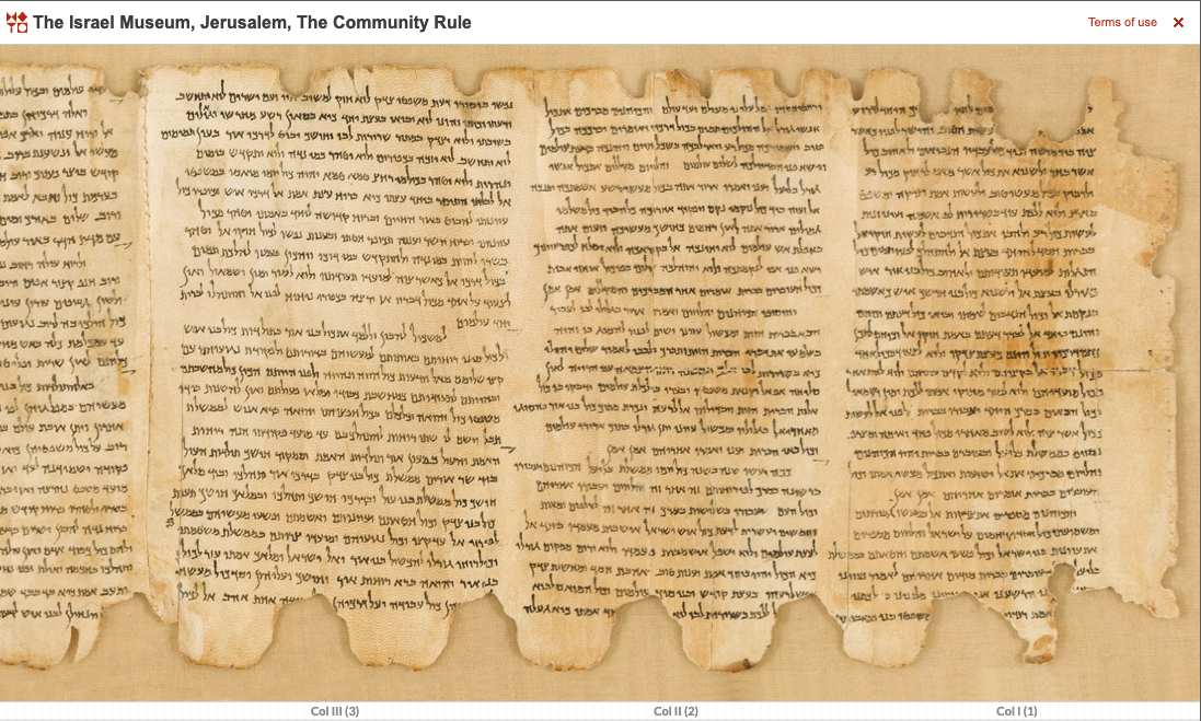 "The Community Rule (Serekh Hayahad, 1QS), formerly called the "Manual of Discipline," is the major section of one of the first seven scrolls discovered in Cave 1 at Qumran in 1947. Written in Hebrew in a square Hasmonean script, it was copied between 100 and 75 BCE."