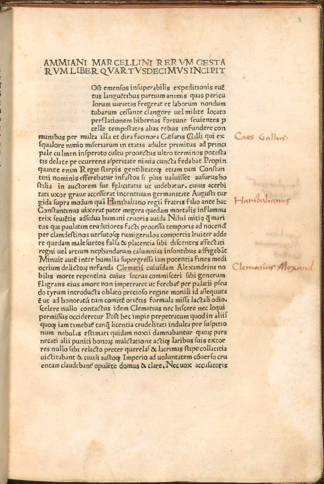 First page of the only 15th century printed edition of Ammianus Marcellinus, published in Rome on June 7, 1474.