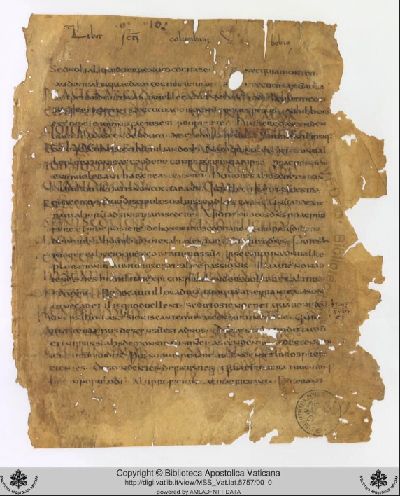A leaf from Vat.lat.5757, a manuscript written in Bobbio Abbey preserved in the Vatican Library, dated by the Vatican Library as 7th century. This version shows the palimpsest in its actual color. The Vatican Library