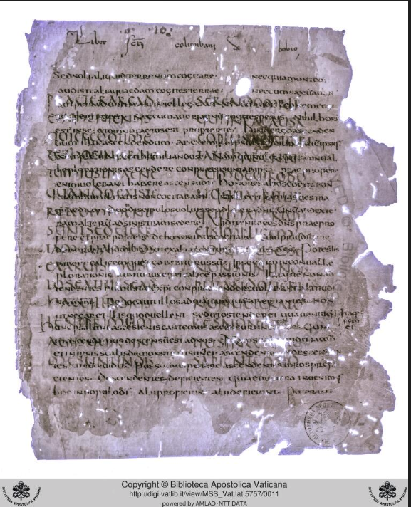This version of the same leaf from Vat.lat.5757 is provided by thedigi.vatlib.it to make the undertext of the palimpsest easier to read.