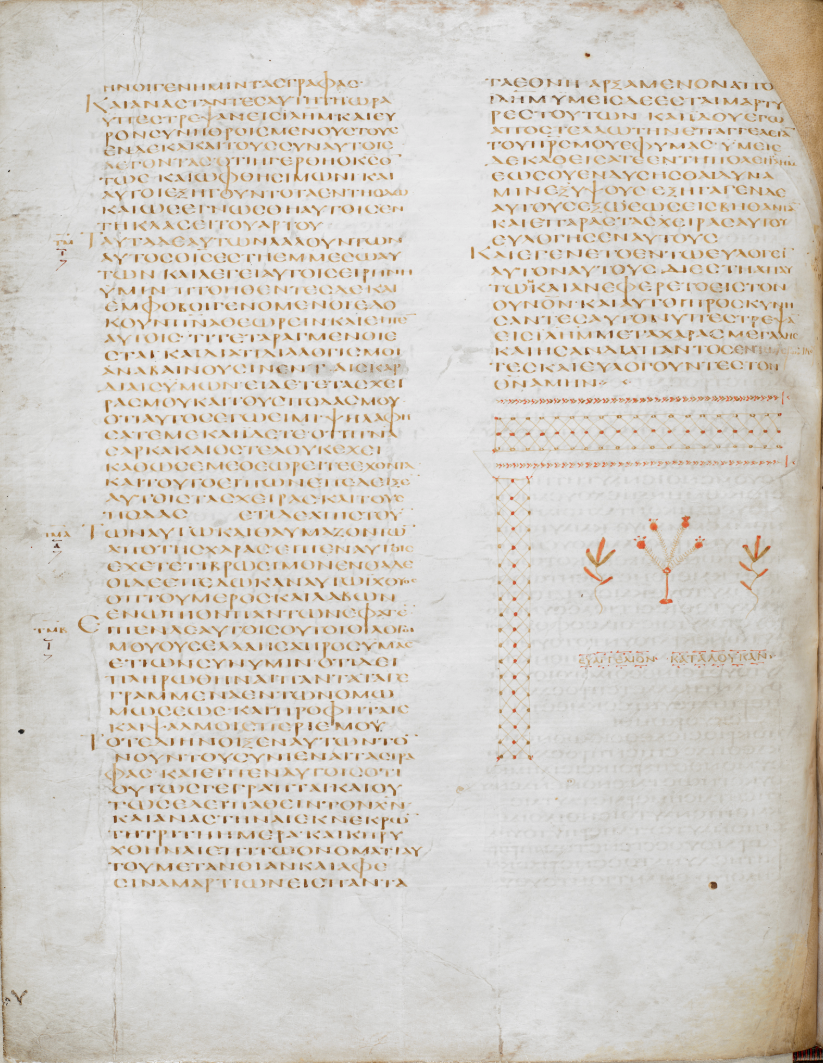 Folio 41v from the Codex Alexandrinus contains the end of the Gospel of Luke with the decorative tailpiece found at the end of each book. These colophons frequently contain images of fruit or vegetation are some of the earliest examples of manuscript illumination to survive.