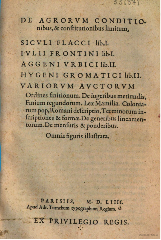 First printed edition of the Corpus Agrimensorum Romanorum (Paris, 1554).