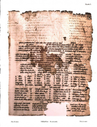 For confirmation of the layout of the codex page openings of the Hexapla we depend upon later evidence: two early manuscript fragments that survived. The first is a palimpsest from the Cairo Genizah in which the 8th century Greek text of a portion of the Psalms in the columnar form of the Hexapla was overwritten in Hebrew. This leaf, preserved at Cambridge, was first reproduced by Charles Taylor in Hebrew-Greek Cairo Genizah Palimpsests from the Taylor-Schechter Collection, Including a Fragment of the Twenty-Second Psalm According to Origen