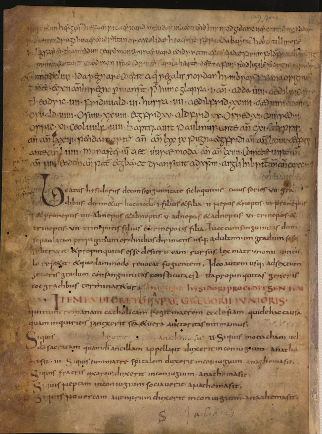 Folio 128 verso, the final leaf of the Moore Bede. The texts on the lower part of the page were written by a Carolingian scribe, whose hand, Bernhard Bischoff thought, was very similar to those that had worked on manuscripts linked to Charlemagne’s court, c. 800 (e.g.: British Library, MS Harley 2788). This suggests that the manuscript had left Anglo-Saxon England before the end of the eighth century....(Joanna Story