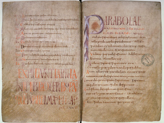 Carolingian page opening from Maurdramnus Bible (Pentateuch, VIII c., Corby \ Amiens Library, Ms. 6, 7, 9, 11, 12).