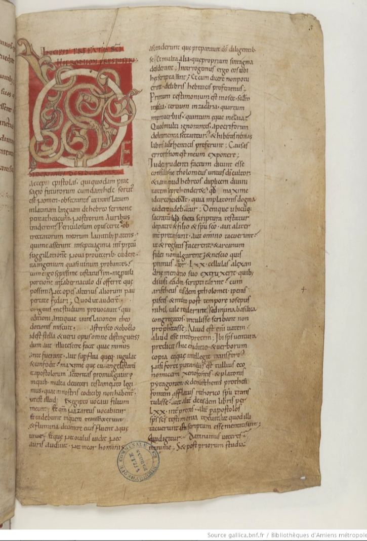 Vol. 6 of the Maurdramnus Bible, leaf 3 recto. This leaf appears to be a 12th century replacement for what must have been a leaf missing from the codex by that time. (Thanks to Ittai Gradel for dating this leaf.)