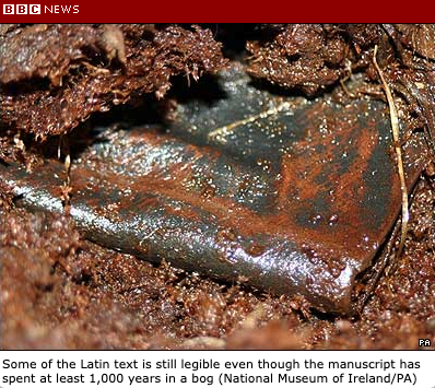 BBC news photo showing the condition of the Psalter when it was discovered in the bog.