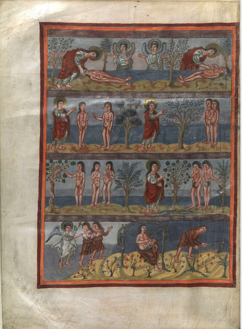 Frontispiece to Genesis, depicting the Creation of Adam and Eve, their Temptation and Expulsion from the idealised landscape of Eden to labour on thorny soil, from the Moutier-Grandval Bible, France (Tours), c. 830 – c. 840, British Library Add MS 10546, f. 5v