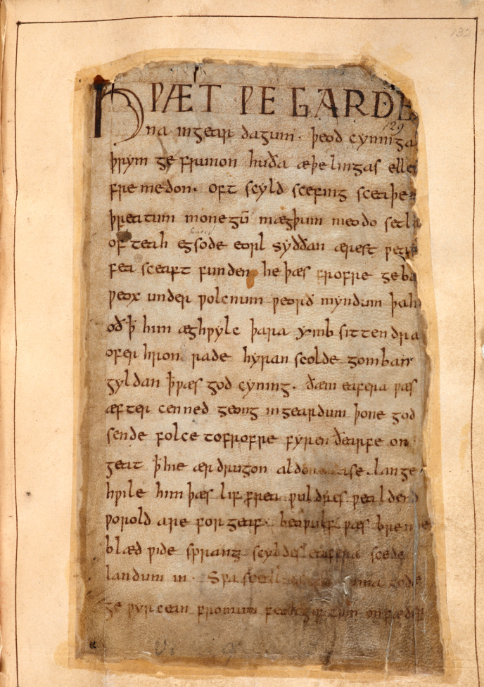 First page of the unique manuscript of Beowulf in the British Library (Cotton MS Vitellius A XV).